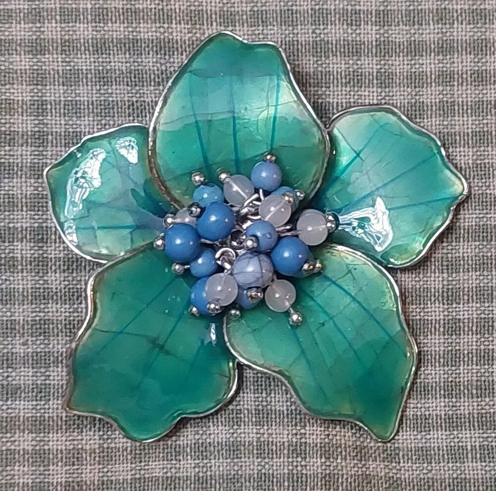 Vntg Liz Claiborne Teal Green Fliwer Brooch Blue Beaded Center Silvertone